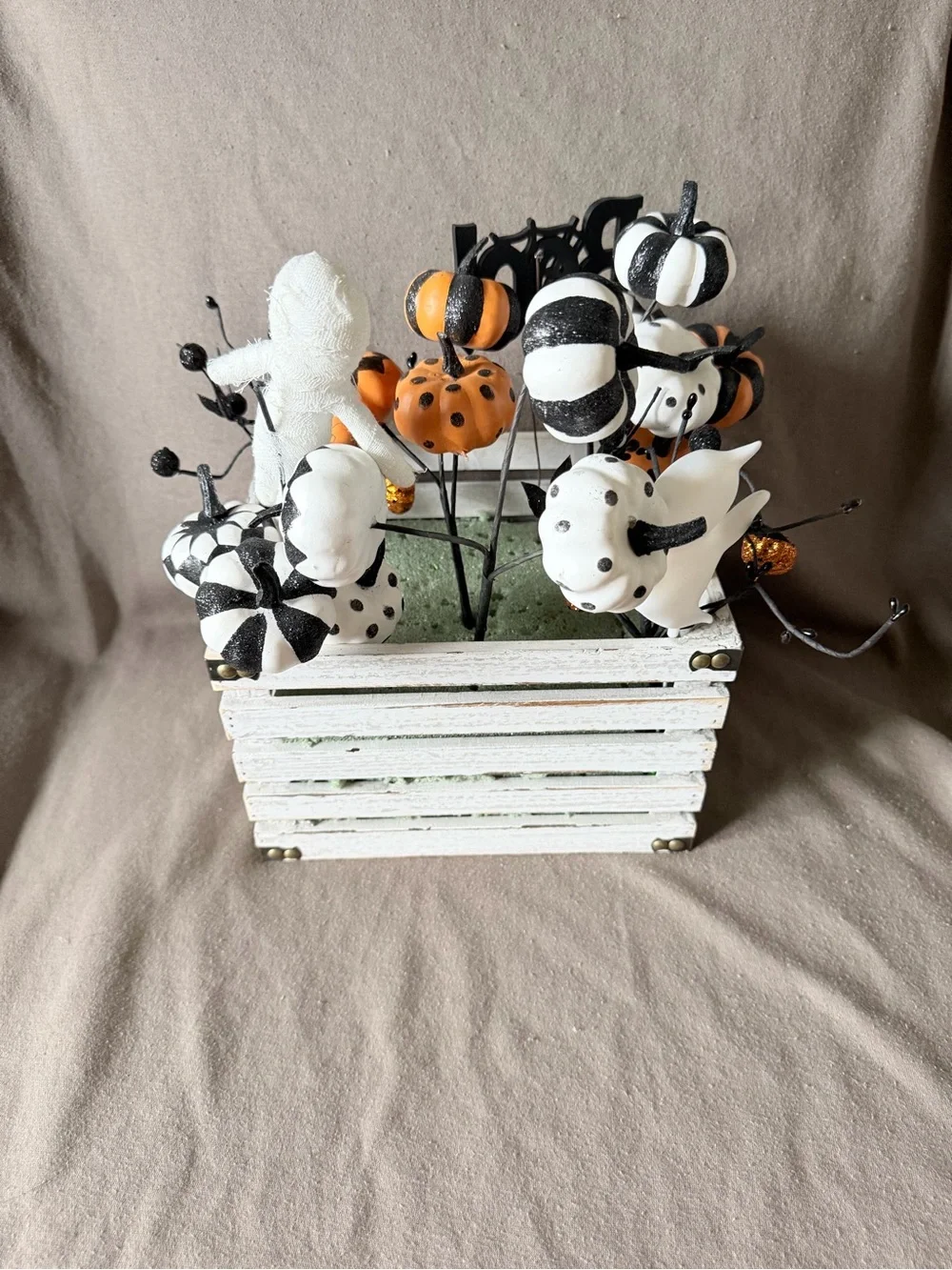 Halloween Boo Pumpkin and Mummy Tabletop Arrangement - White, Black, Orange